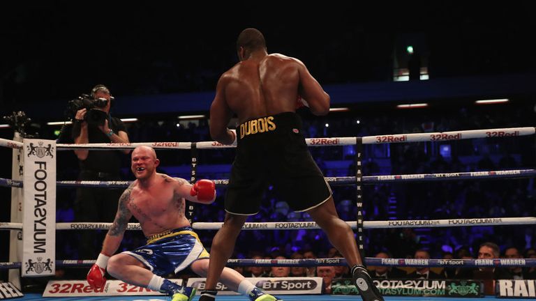 Daniel Dubois knocks down for the second time in round 2 Dorian Darch in the Heavyweight contest at Copper Box Arena
