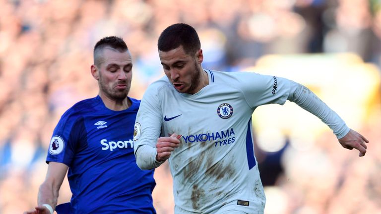 Everton's French midfielder Morgan Schneiderlin (L) fouls Chelsea's Belgian midfielder Eden Hazard (R) 