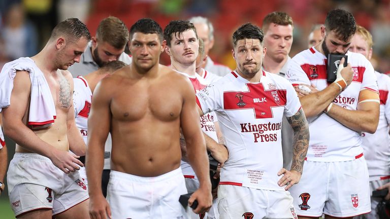 BRISBANE, AUSTRALIA - DECEMBER 02 2017:  Gareth Widdop of England and team mates look dejected after defeat in the 2017 Rugby League World Cup Final