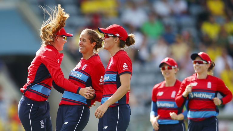 CANBERRA, AUSTRALIA - NOVEMBER 19: Jenny Gunn of England celebrates a wicket with team mates during the second Women's Twenty20 match between Australia and