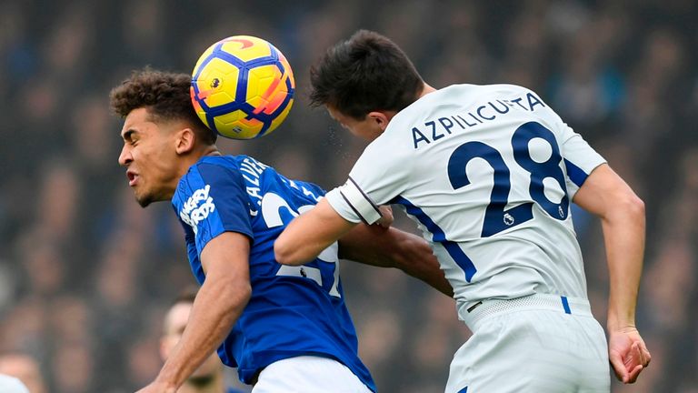 Dominic Calvert-Lewin and Cesar Azpilicueta in action at Goodison Park