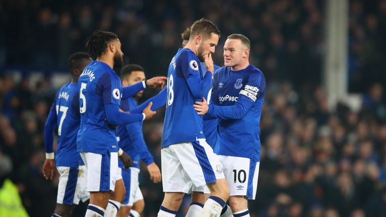 LIVERPOOL, ENGLAND - DECEMBER 18:  Gylfi Sigurdsson of Everton (18) celebrates as he scores their second goal with Wayne Rooney (10) during the Premier Lea