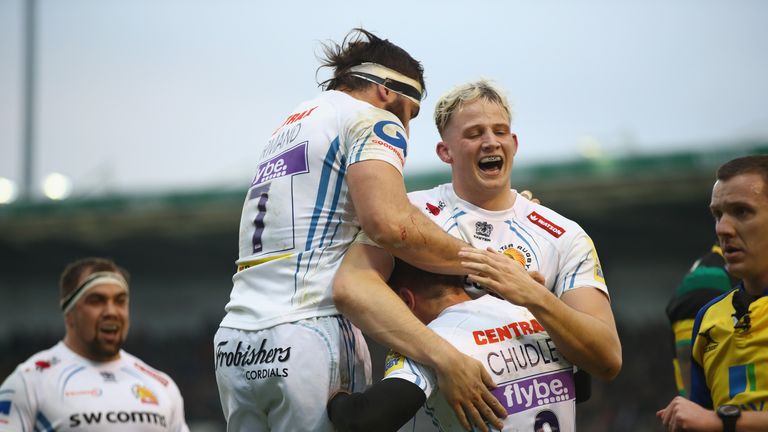 NORTHAMPTON, ENGLAND - DECEMBER 23:  Will Chudley of Exeter Chiefs celebrates his try during the Aviva Premiership match between Northampton Saints and Exe