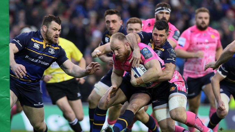 Exeter's Matt Kvesic is tackled by Leinster's Rob Kearney during the European Rugby Champions Cup, Pool Three match at the Aviva Stadium, Dublin.