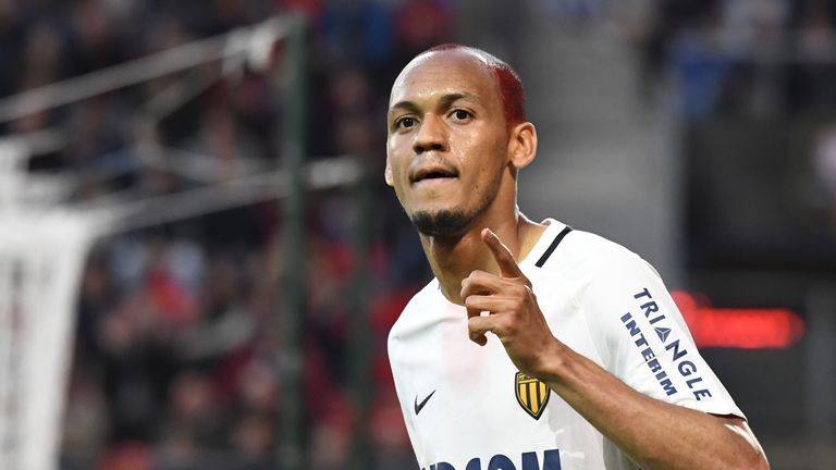 Monaco's Brazilian defender Fabinho celebrates after scoring during  the French L1 football match between Rennes (SRFC) and Monaco (ASM) on May, 20 2017,