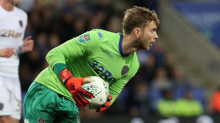 Leeds United's German goalkeeper Felix Wiedwald looks to release the ball during the English League Cup fourth round football match between Leicester City 