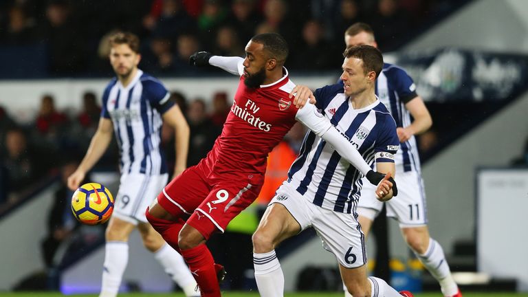 Alexandre Lacazette of Arsenal holds off Jonny Evans of West Bromwich Albion during the Premier League match at The Hawthorns