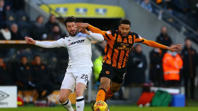 David Nugent is challenged by Michael Hector during the Sky Bet Championship match between Hull City and Derby County