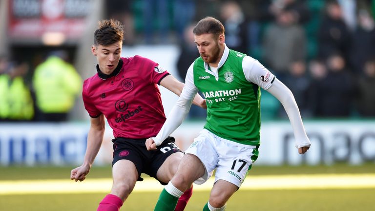 Celtic's Kieran Tierney (L) and Martin Boyle in action