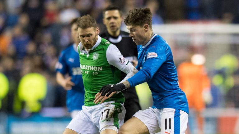 Hibernian's Martin Boyle (left) with Josh Windass of Rangers, Scottish Premiership