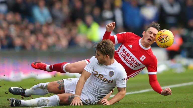 LEEDS, ENGLAND - NOVEMBER 19:  Gaetano Berardi of Leeds United tackles Connor Roberts of Middlesbrough during the Sky Bet Championship match between Leeds 