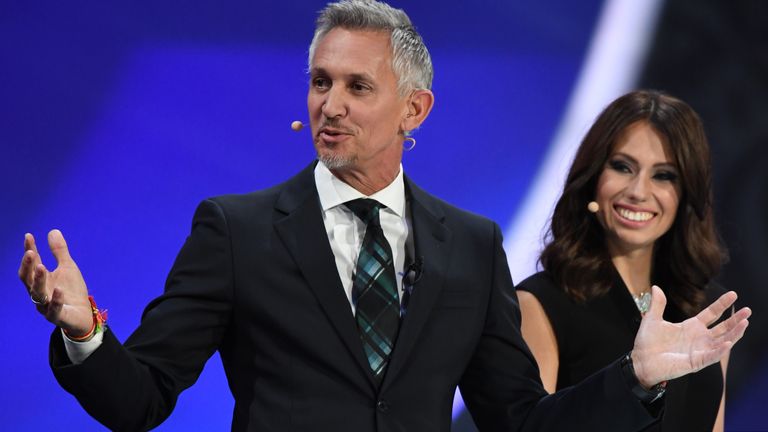 Gary Lineker and Russian sports journalist and draw conductor Maria Komandnaya conduct the 2018 FIFA World Cup draw in Moscow