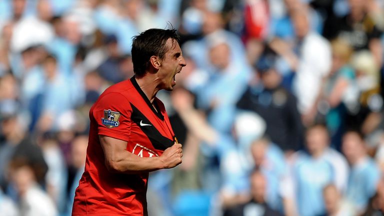 MANCHESTER, ENGLAND - APRIL 17:  Gary Neville of Manchester United celebrates at the end of  the Barclays Premier League match between Manchester City and 