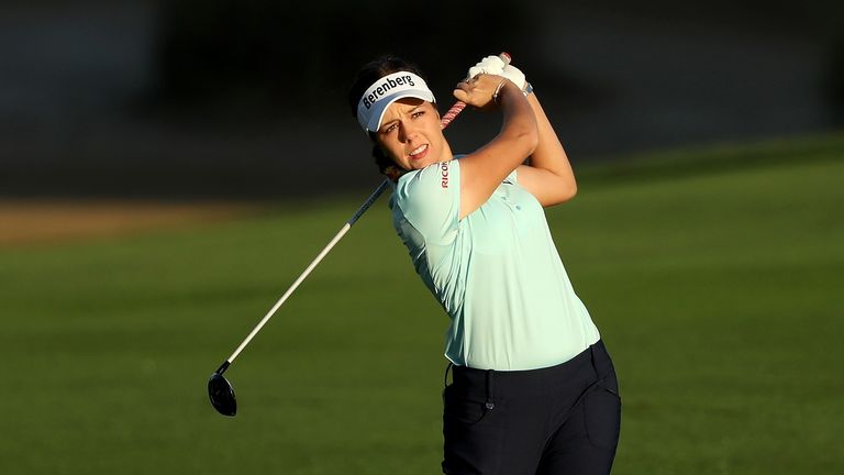 DUBAI, UNITED ARAB EMIRATES - DECEMBER 07:  Georgia Hall of England plays her second shot on the par 5, 10th hole during the second round of the 2017 Dubai