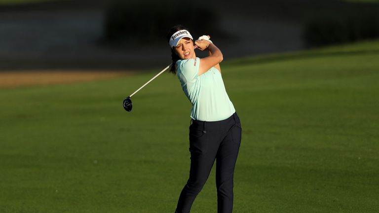 Georgia Hall of England plays her second shot on the par 5, 10th hole during the second round of the 2017 Dubai