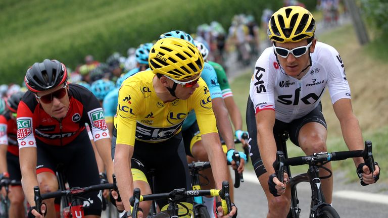 CHAMBERY, FRANCE - JULY 09:  Christopher Froome of Great Britain riding for Team Sky in the leader's jersey and Geraint Thomas of Great Britain riding for 
