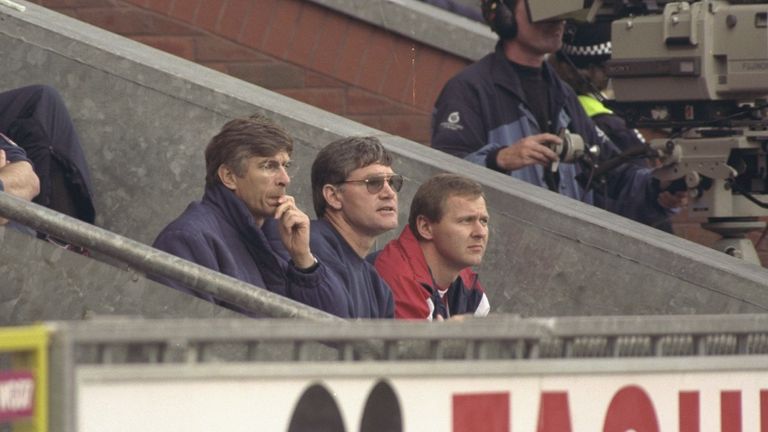 Arsene Wenger with Pat Rice and Gary Lewin in his first league game in charge against Blackburn