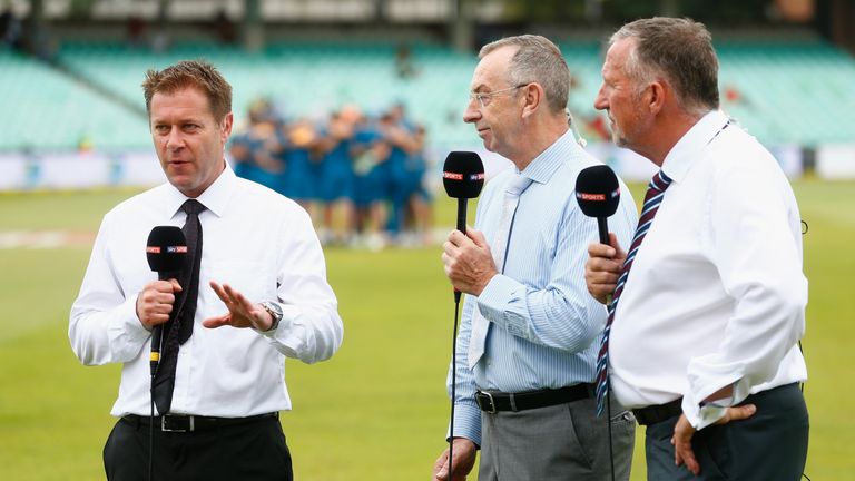 DURBAN, SOUTH AFRICA - DECEMBER 26:  Sky Sports team Ian Ward, David Lloyd and Sir Ian Botham are seen during day one of the 1st Test between South Africa 