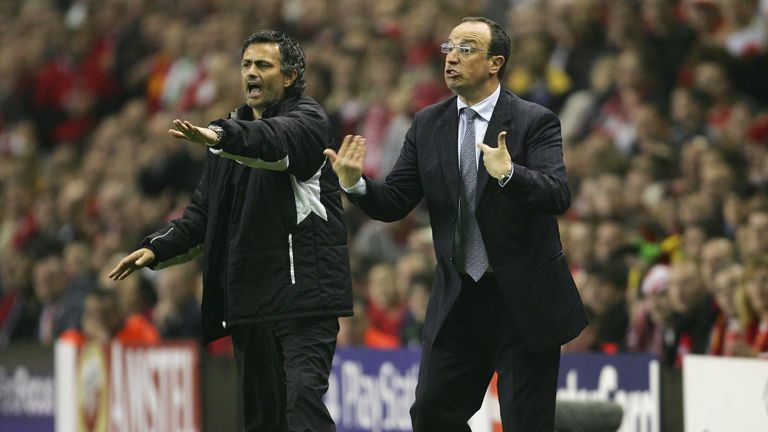 LIVERPOOL, ENGLAND - MAY 3:  Jose Mourinho the manager of Chelsea and Rafael Benitez the manager of Liverpool shout instructions to their players during th