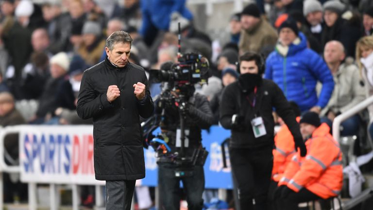 NEWCASTLE UPON TYNE, ENGLAND - DECEMBER 09:  Claude Puel, Manager of Leicester City celebrates after the Premier League match between Newcastle United and 