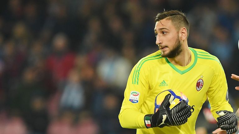 Gianluigi Donnarumma of AC Milan in action during the Serie A match between SSC Napoli and AC Milan at Stadio San Paolo on No