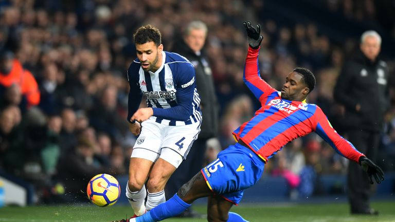 West Brom striker Hal Robson-Kanu is tackled by Jeffrey Schlupp of Crystal Palace