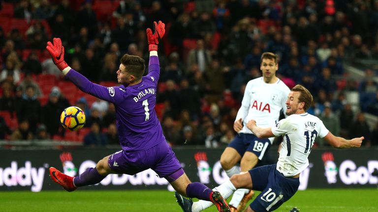 Harry Kane shoots as Jack Butland attempts to block