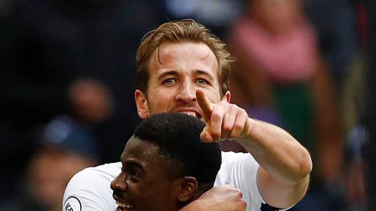 Harry Kane celebrates with Serge Aurier after scoring his and Tottenham's second goal