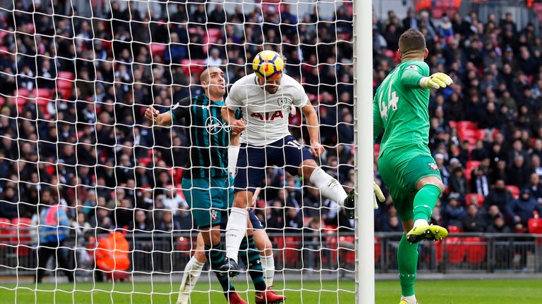 Harry Kane heads in from close range to put Tottenham in front at Wembley