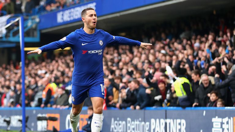 Eden Hazard of Chelsea celebrates after scoring his sides first goal during the Premier League match between Chelsea and Newcastle