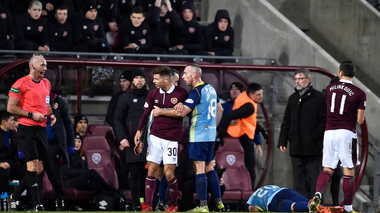 Hearts defender Jamie Brandon was saw red after a second bookable offence in their  1-1 draw with Hamilton Accies.