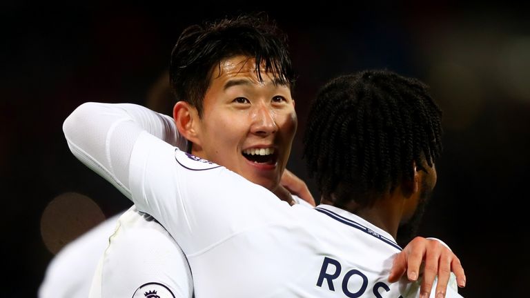 Heung-Min Son celebrates with Danny Rose after scoring Tottenham's second goal