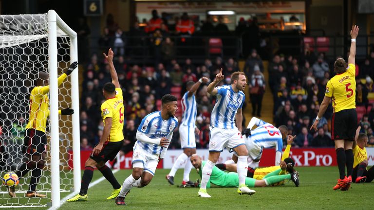 WATFORD, ENGLAND - DECEMBER 16:  Elias Kachunga of Huddersfield Town celebrates after scoring his sides first goal during the Premier League match between 
