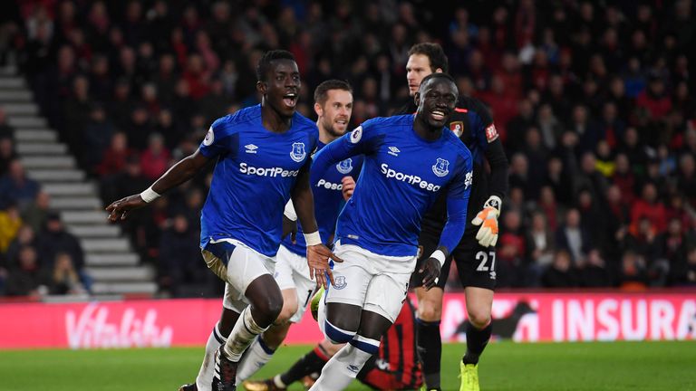 Idrissa Gueye (L) of Everton celebrates scoring his team's opening goal with Oumar Niasse during the Premier League clash at Bournemouth