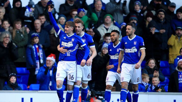 IPSWICH, ENGLAND - DECEMBER 16:  Callum Connolly of Ipswich Town celebrates scoring the opening goal during the Sky Bet Championship match between Ipswich 