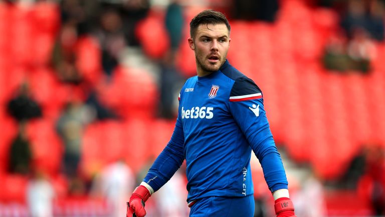 STOKE ON TRENT, ENGLAND - DECEMBER 02:  Jack Butland of Stoke City warms up prior to the Premier League match between Stoke City and Swansea City at Bet365