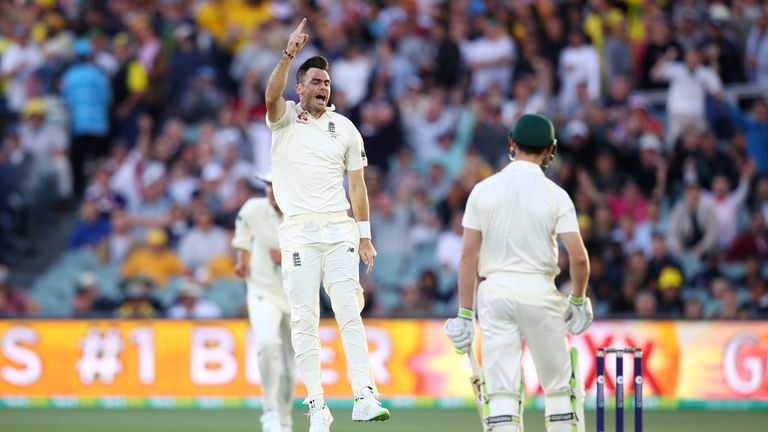 James Anderson of England celebrates after taking the wicket of Cameron Bancroft