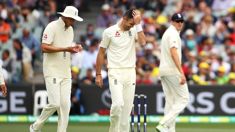 ADELAIDE, AUSTRALIA - DECEMBER 03: James Anderson of England shows his frustration during day two of the Second Test match during the 2017/18 Ashes Series 