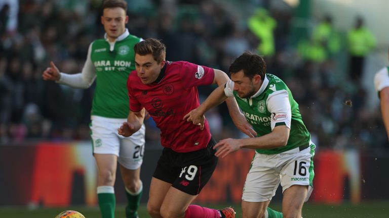 Celtic's James Forrest (left) challenges Hibernian's Lewis Stevenson for the ball during the Ladbrokes Scottish Premiership match at Easter Road, Edinburgh