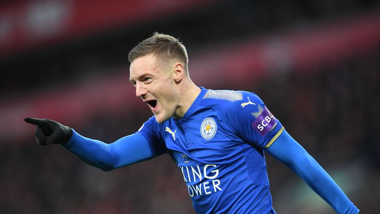Jamie Vardy celebrates after scoring in the first couple of minutes at Anfield