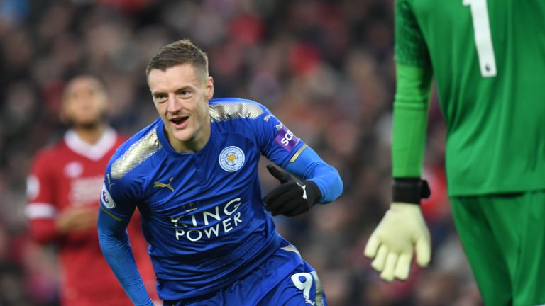 Jamie Vardy strikes early in the first half for Leicester City at Anfield