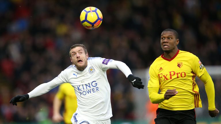 Leicester City's Jamie Vardy (left) and Watford's Christian Kabasele battle for the ball during the Premier League match at Vicarage Road, Watford.