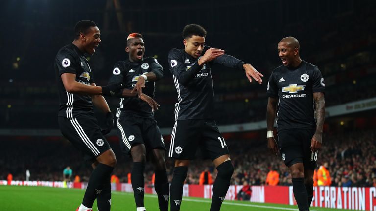 Jesse Lingard celebrates after scoring Manchester United's second against Arsenal