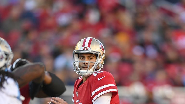 SANTA CLARA, CA - DECEMBER 17:  Jimmy Garoppolo #10 of the San Francisco 49ers drops back to pass against the Tennessee Titans during their NFL football ga