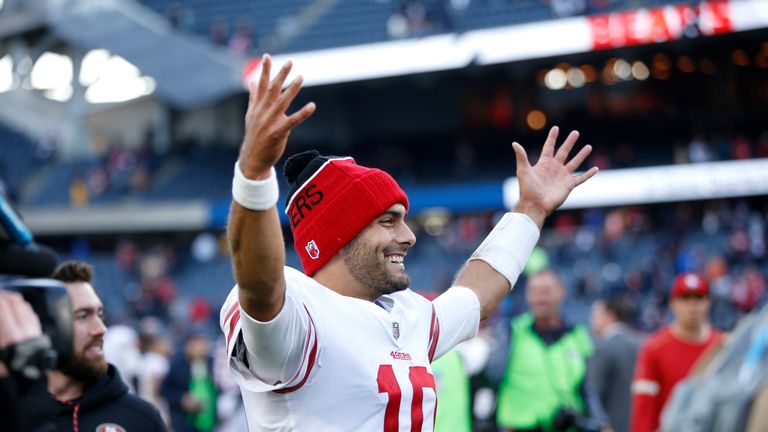 CHICAGO, IL - DECEMBER 03:  Quarterback  Jimmy Garoppolo #10 of the San Francisco 49ers reacts after the 49ers defeated the Chicago Bears 15-14 at Soldier 