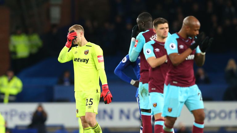 Joe Hart looks dejected after West Ham's 4-0 defeat to Everton at Goodison Park