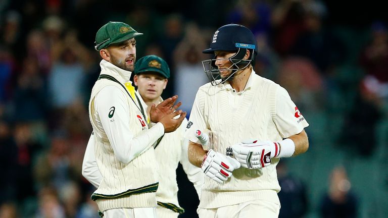 England's Joe Root exchanges words with Nathan Lyon and Steve Smith at the end of play during day four of the Ashes Test match at the Adelaide Oval