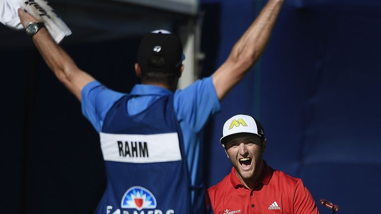 SAN DIEGO, CA - JANUARY 29:  Jon Rahm of Spain celebrates his eagle putt on the 18th hole during the final round of the Farmers Insurance Open at Torrey Pi
