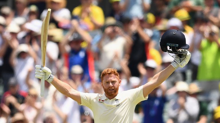 Jonny Bairstow of England celebrates making a century during day two of the Third Test match during the 2017/18 Ashes