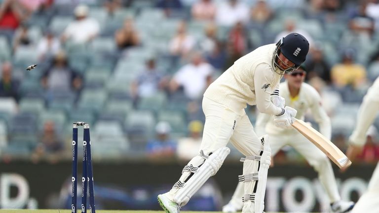 PERTH, AUSTRALIA - DECEMBER 18: Jonny Bairstow of England is bowled by Josh Hazlewood of Australia  during day five of the Third Test match during the 2017